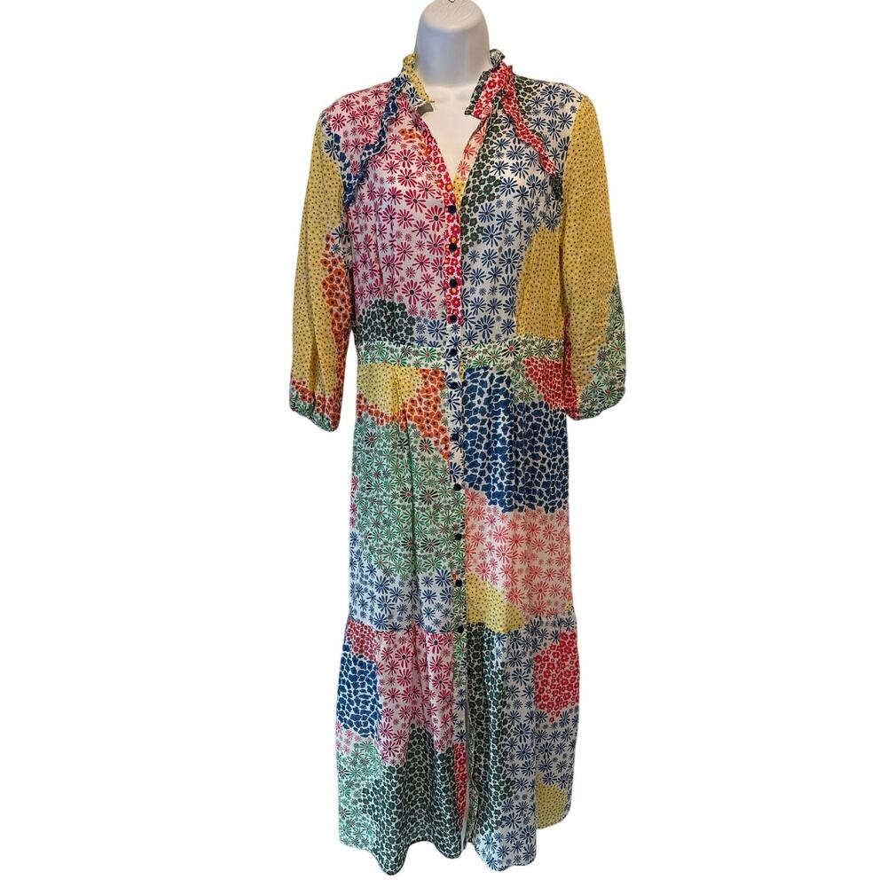 Vilagallo Patchwork Floral Cotton Lined Midi Dress with Ruffle Collar EU 40 VGUC